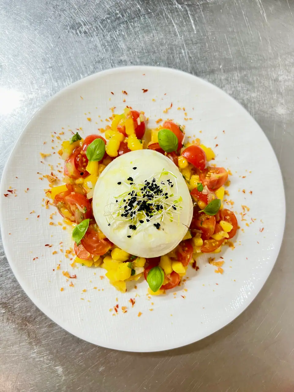 Burrata auf bunten Tomatenwürfeln und Mango-Salsa